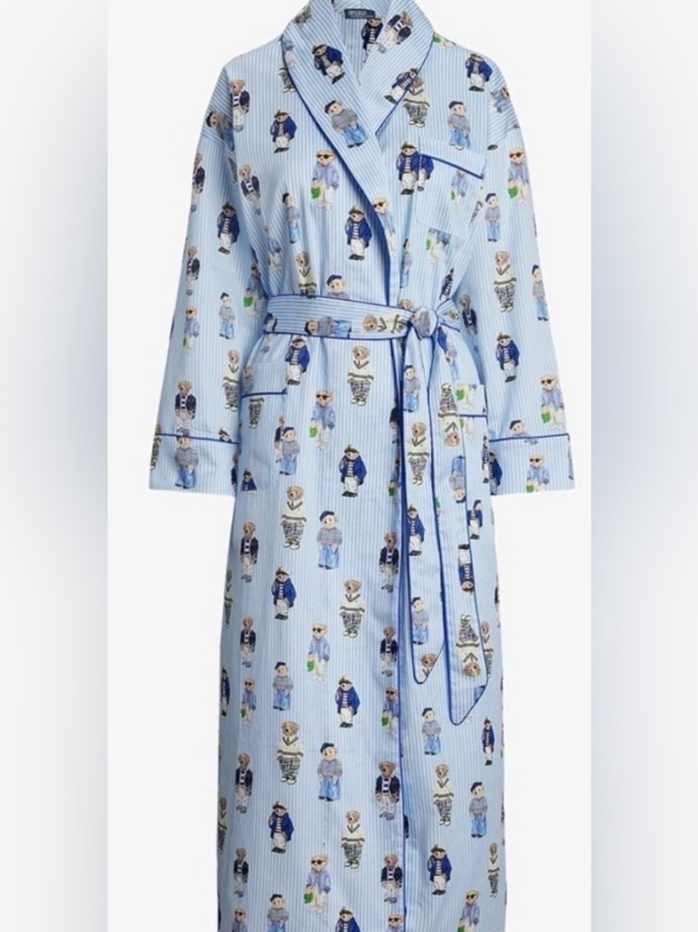 NWT Polo Ralph Lauren Polo Bear Striped Cotton Robe Oxford Blue S/M